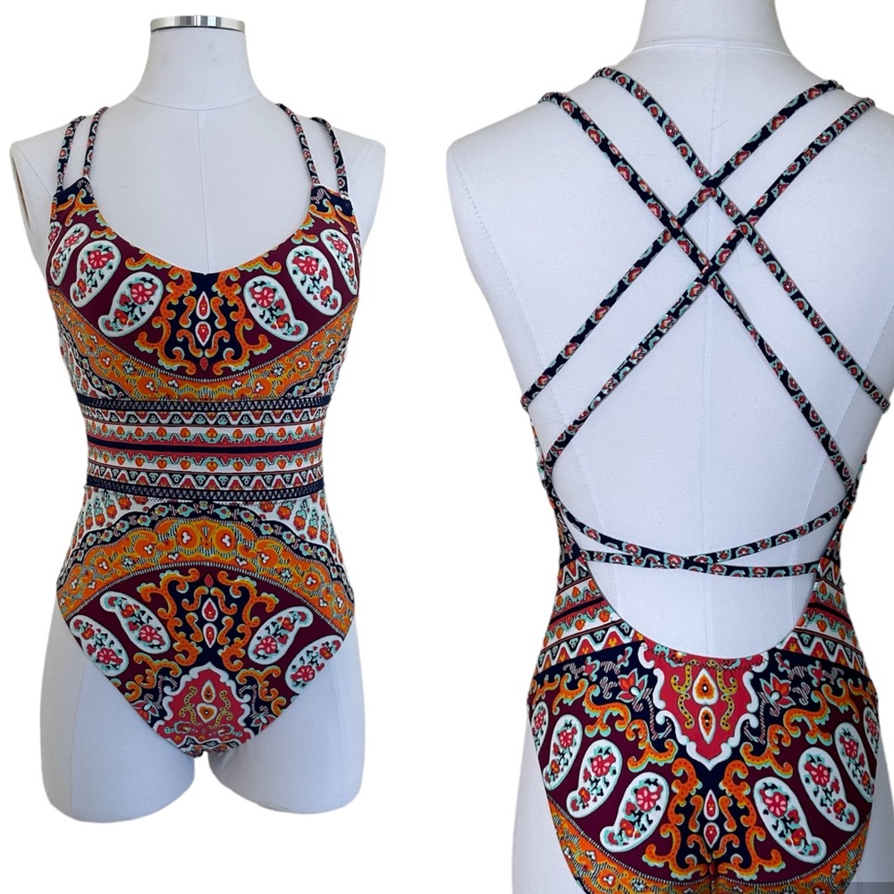 Nanette Lepore Paisley Floral Criss-Cross Low Open Back One Piece Swimsuit